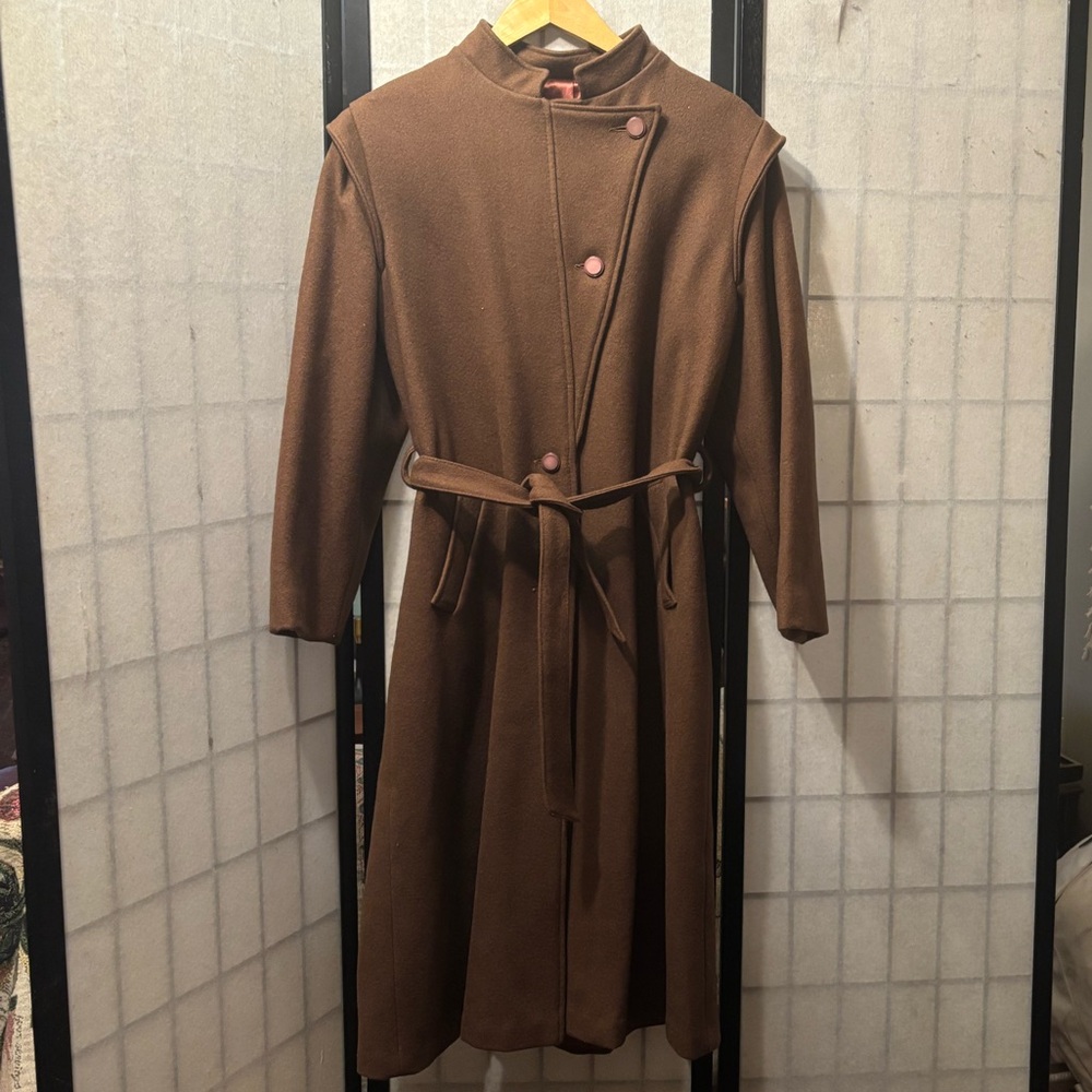 FASHION GEMS Vintage Wool Chocolate Brown Belted Zip Asymmetrical Button Up Coat